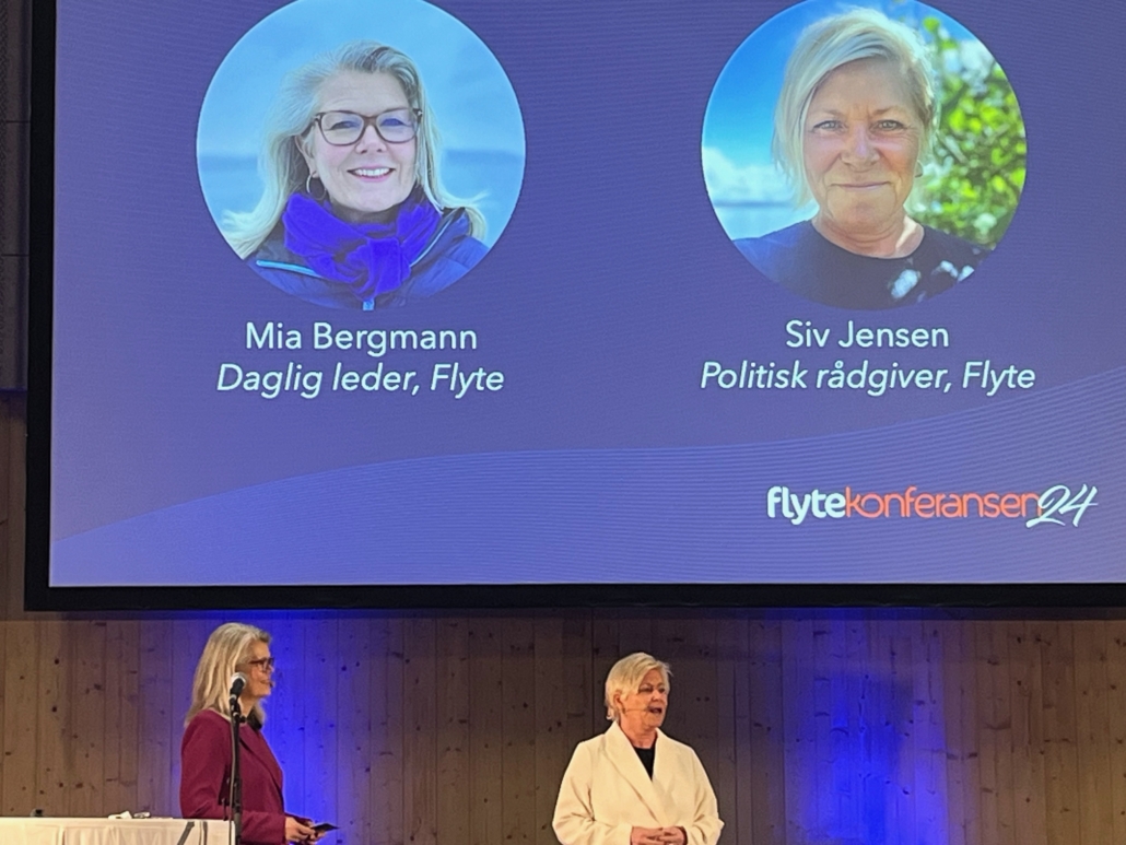 Foto av Mia Bergmann og Siv Jensen på Flytekonferansen.